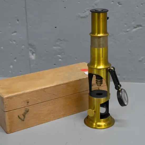reproduction small brass microscope in mahogany case H-160
