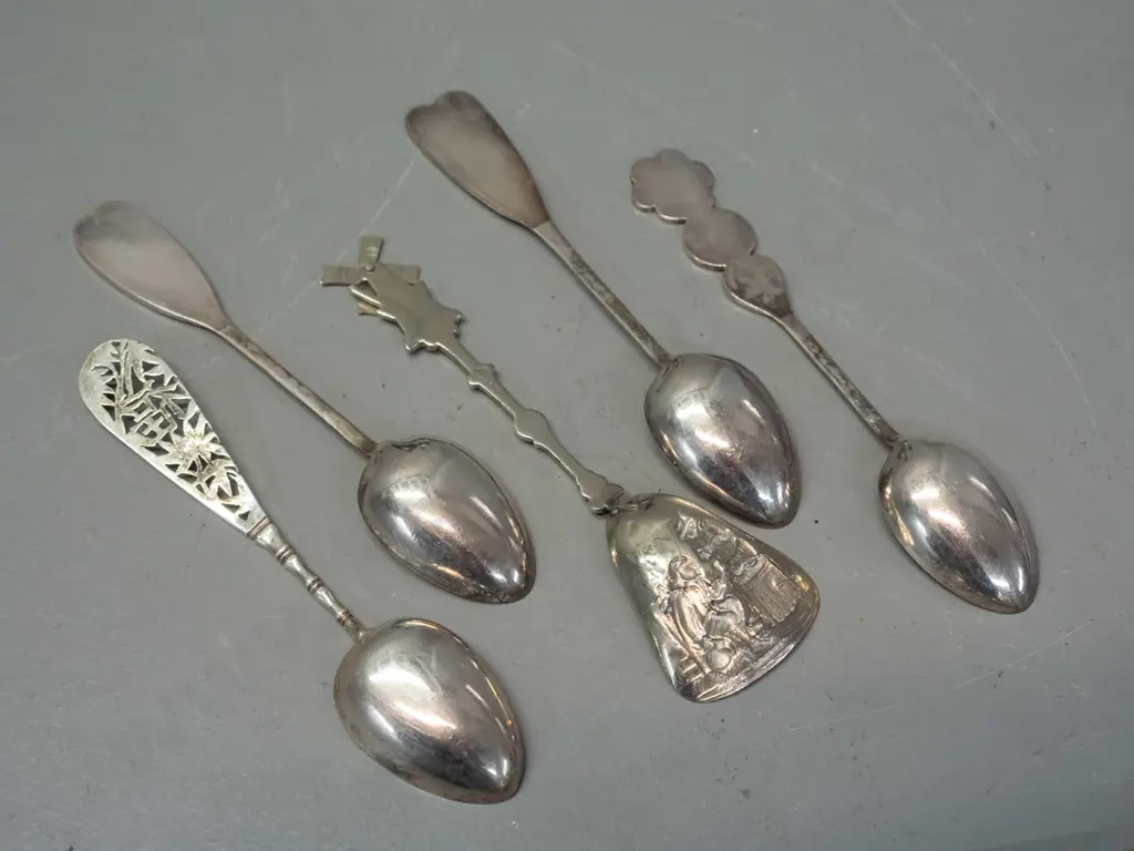 miniature silver plated tea set on tray, and assorted small asian spoons, may be unmarked silver, one marrked Shanghai, Image 1++