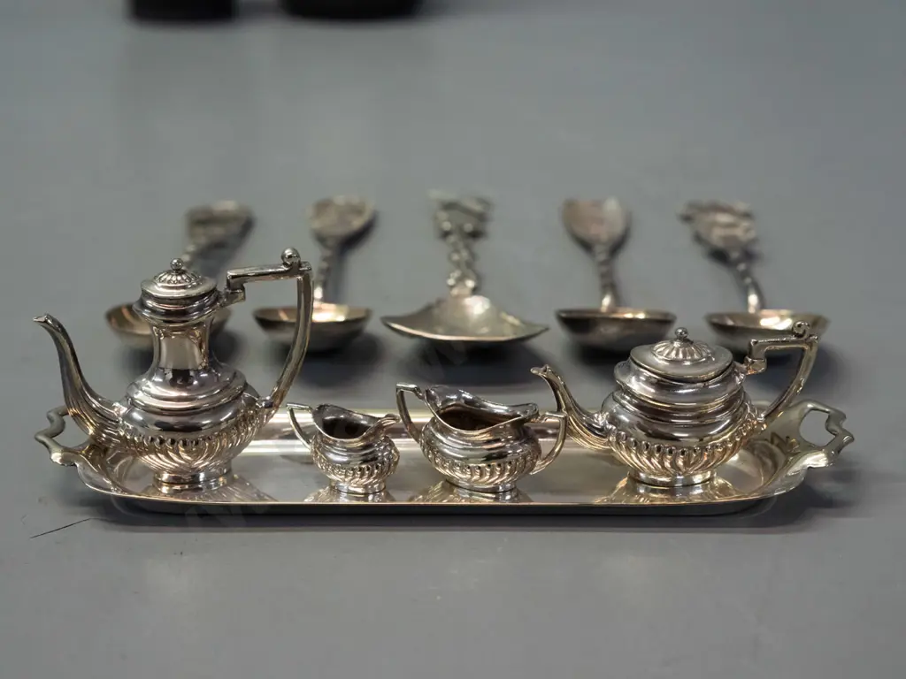 miniature silver plated tea set on tray, and assorted small asian spoons, may be unmarked silver, one marrked Shanghai, Image 1++