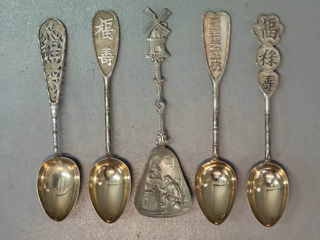miniature silver plated tea set on tray, and assorted small asian spoons, may be unmarked silver, one marrked Shanghai, Image 1++