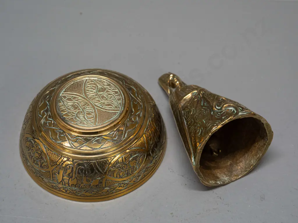2 brass items - bell with nice ringing tone - woman in Elizabethan dress H-100 and an etched bowl with middle eastern Image 1++