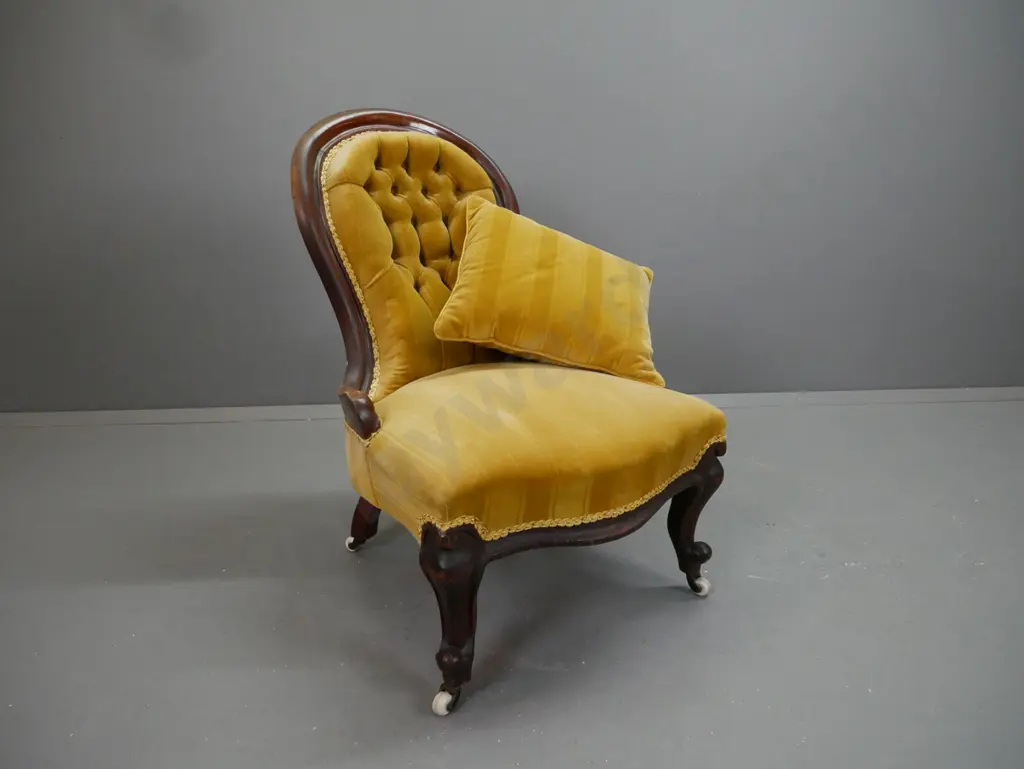 Victorian mahogany cameo back gold striped velvet button back upholstered chair on porcelain casters - some age wear to Image 1++