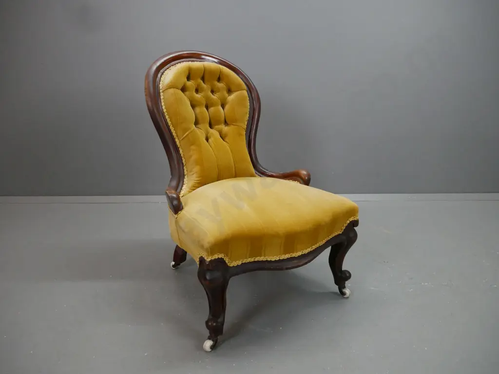 Victorian mahogany cameo back gold striped velvet button back upholstered chair on porcelain casters - some age wear to Image 1++