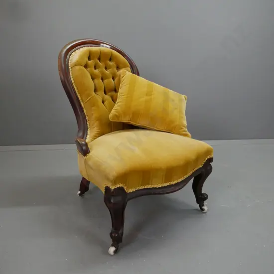 Victorian mahogany cameo back gold striped velvet button back upholstered chair on porcelain casters - some age wear to