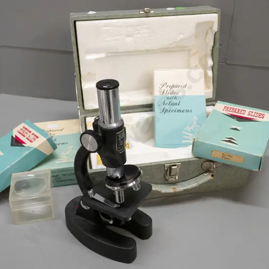 vintage cased hobby microscope with boxed specimen slides, 2 eyepieces - microscope marked C.O.C. H-220