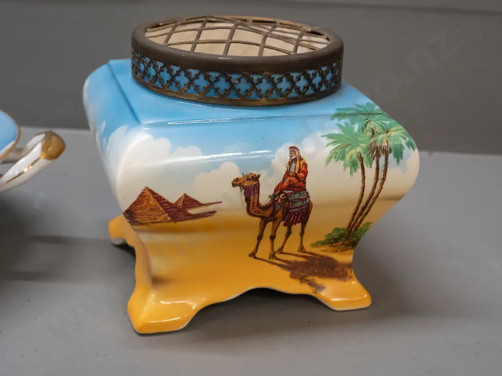 2 pieces vintage desert scene china - Falcon Ware rose bowl with metal top H-135 and footed handled bowl with no maker's Image 1++