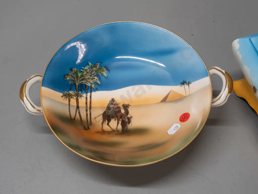 2 pieces vintage desert scene china - Falcon Ware rose bowl with metal top H-135 and footed handled bowl with no maker's Image 1++