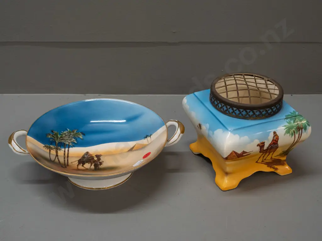 2 pieces vintage desert scene china - Falcon Ware rose bowl with metal top H-135 and footed handled bowl with no maker's Image 1++