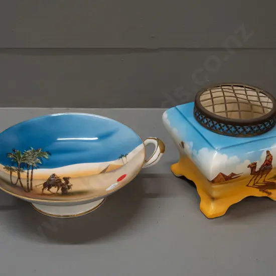 2 pieces vintage desert scene china - Falcon Ware rose bowl with metal top H-135 and footed handled bowl with no maker's
