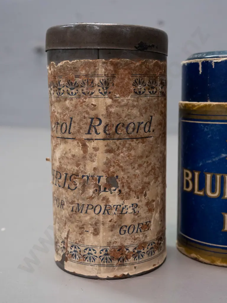 4 Edison recording cylinders in cardboard tubes, one with metal case marked Edison Blue Amberol Records - Sold by Walter Image 1++