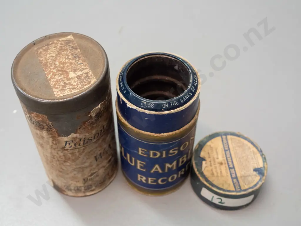 4 Edison recording cylinders in cardboard tubes, one with metal case marked Edison Blue Amberol Records - Sold by Walter Image 1++