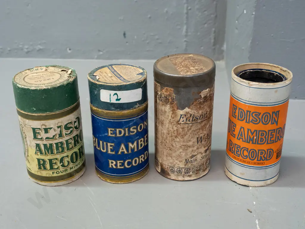 4 Edison recording cylinders in cardboard tubes, one with metal case marked Edison Blue Amberol Records - Sold by Walter Image 1++