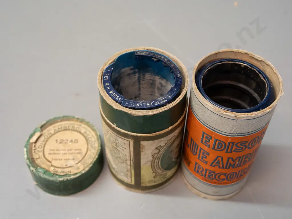 4 Edison recording cylinders in cardboard tubes, one with metal case marked Edison Blue Amberol Records - Sold by Walter Image 1++