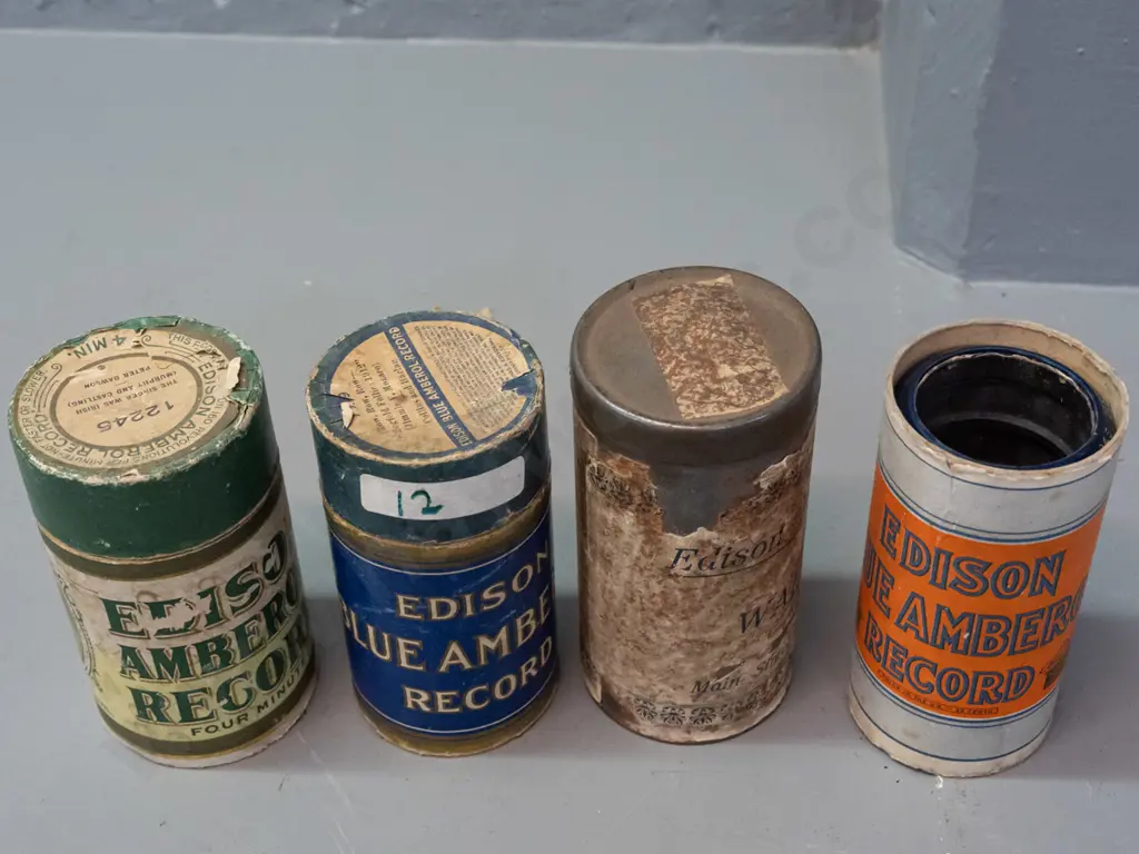 4 Edison recording cylinders in cardboard tubes, one with metal case marked Edison Blue Amberol Records - Sold by Walter Image 1++