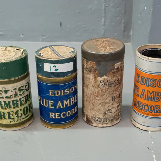 4 Edison recording cylinders in cardboard tubes, one with metal case marked Edison Blue Amberol Records - Sold by Walter