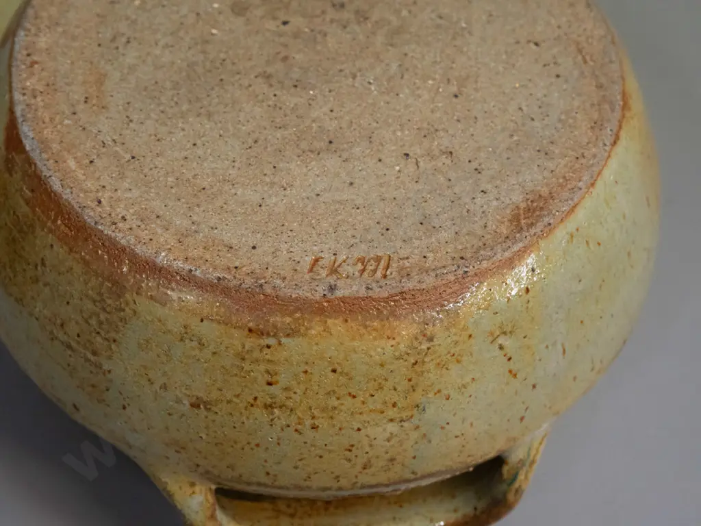3 pieces of New Zealand studio pottery - lidded casserole marked KM on base, lidded sugar or honey and small pot, both Image 1++