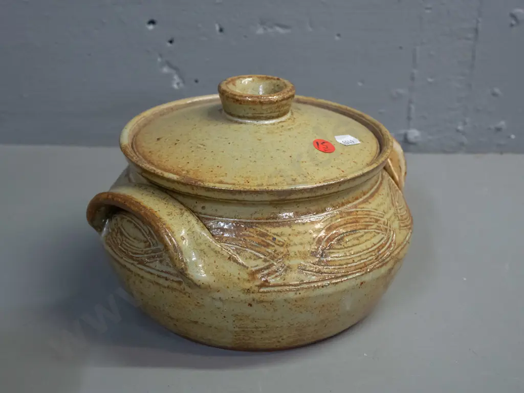 3 pieces of New Zealand studio pottery - lidded casserole marked KM on base, lidded sugar or honey and small pot, both Image 1++
