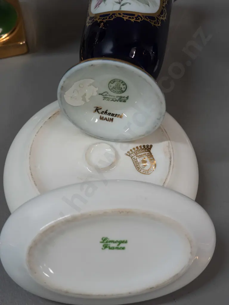 assorted Limoges china - oval lidded canisters, 2 jugs, 2 vases. Round canister has firing flaw on underside of lid - Image 1++