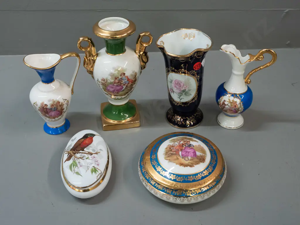 assorted Limoges china - oval lidded canisters, 2 jugs, 2 vases. Round canister has firing flaw on underside of lid - Image 1++