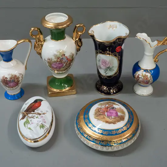 assorted Limoges china - oval lidded canisters, 2 jugs, 2 vases. Round canister has firing flaw on underside of lid -