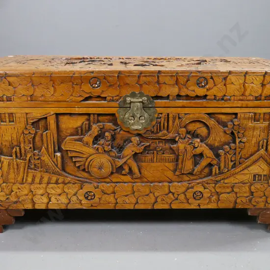 Chinese carved camphorwood chest with brass latch and lock - shrinkage of top on front edge, chip to carving on front