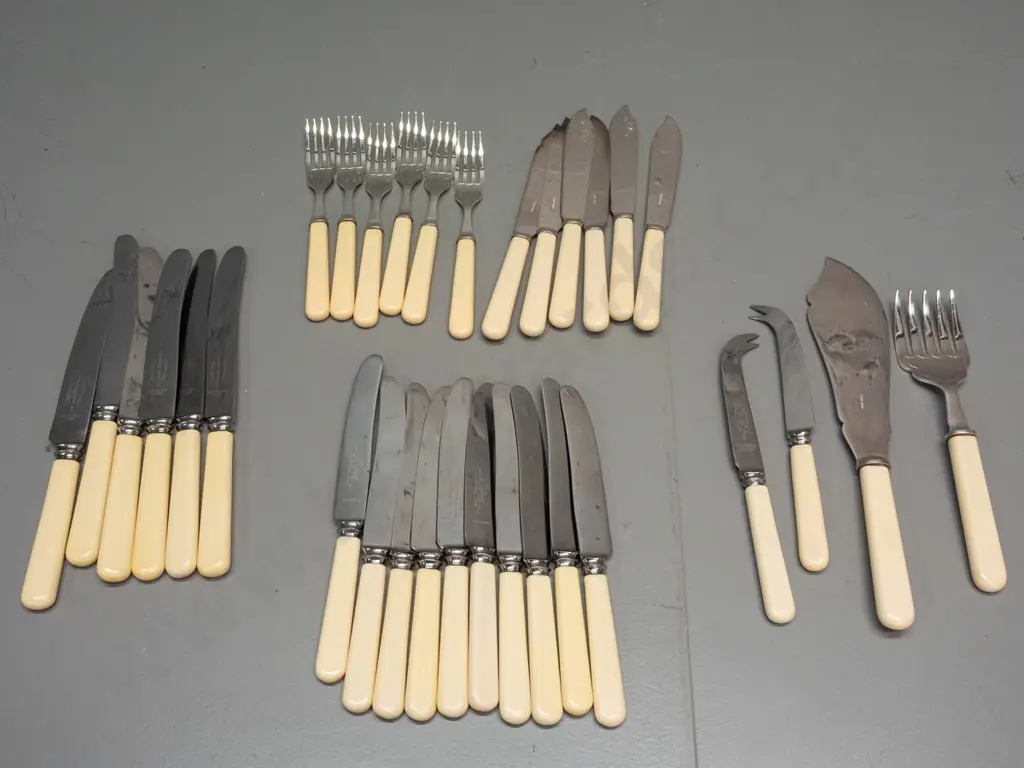 assorted silver plated bone-handled cutlery - 6 large knives, 10 smaller, set of 6 fish forks & knifes 2 cheese knives & Image 1++