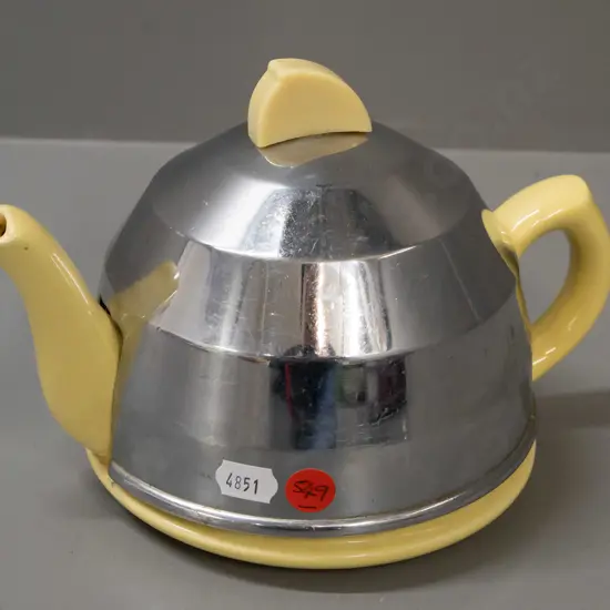 deco English beehive-shaped teapot and fitted lined alloy warmer w/ivory bakelite handle - staining inside. H-150 L-200
