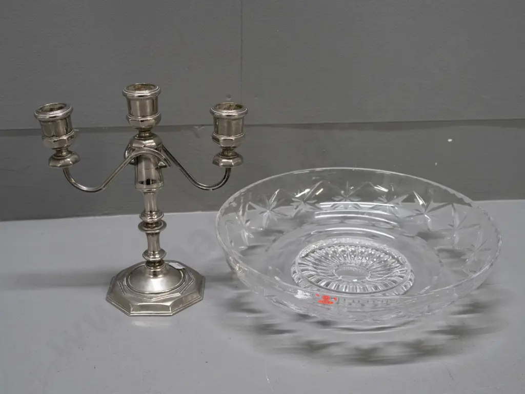 Stuart crystal shallow bowl with circular foot D-270 and a silver plated 3-candle candelabrum H-200 Image 1++