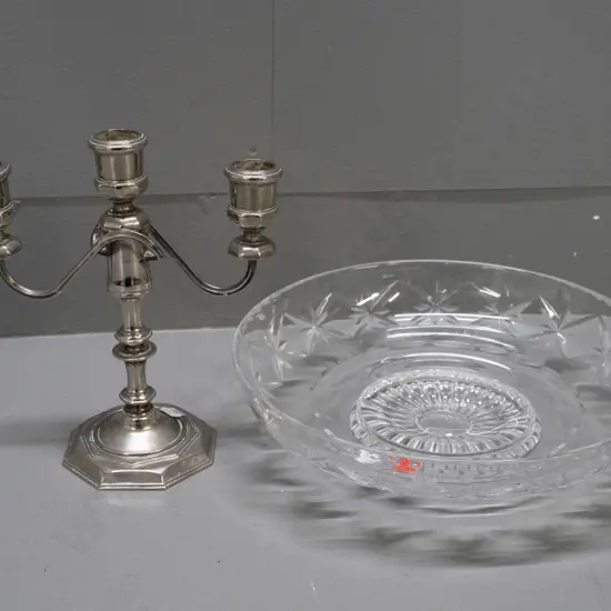 Stuart crystal shallow bowl with circular foot D-270 and a silver plated 3-candle candelabrum H-200