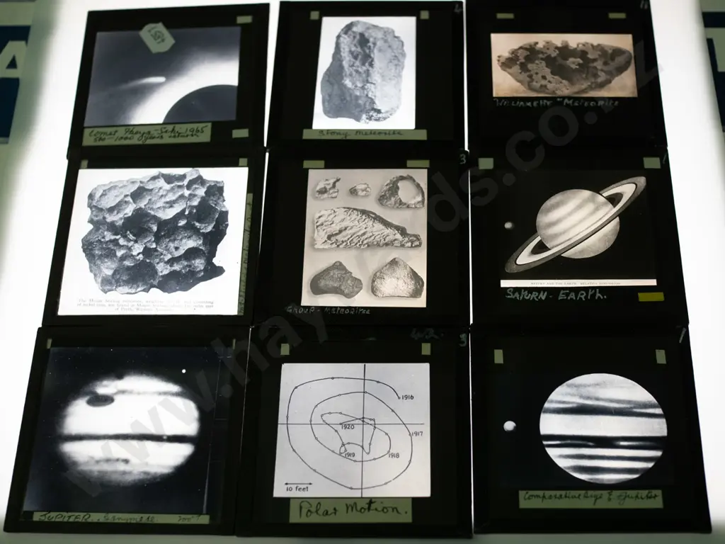 vintage glass lantern slides of astronomical subjects: planets, meteorites, etc - in wooden holder. Approx 42, each is Image 1++