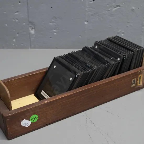 vintage glass lantern slides of astronomical subjects: planets, meteorites, etc - in wooden holder. Approx 42, each is