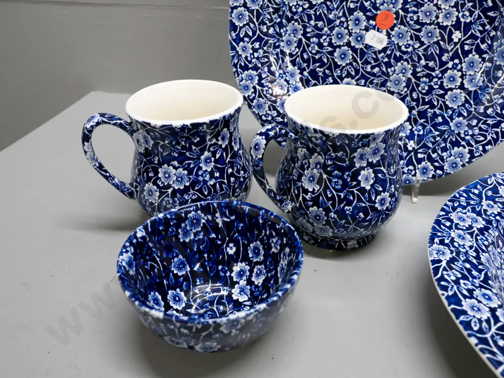Burleigh Calico cobalt blue table ware - 4 plates, bowl, 2 mugs and a small sugar bowl, with a Portmeirion Pomona lidded Image 1++