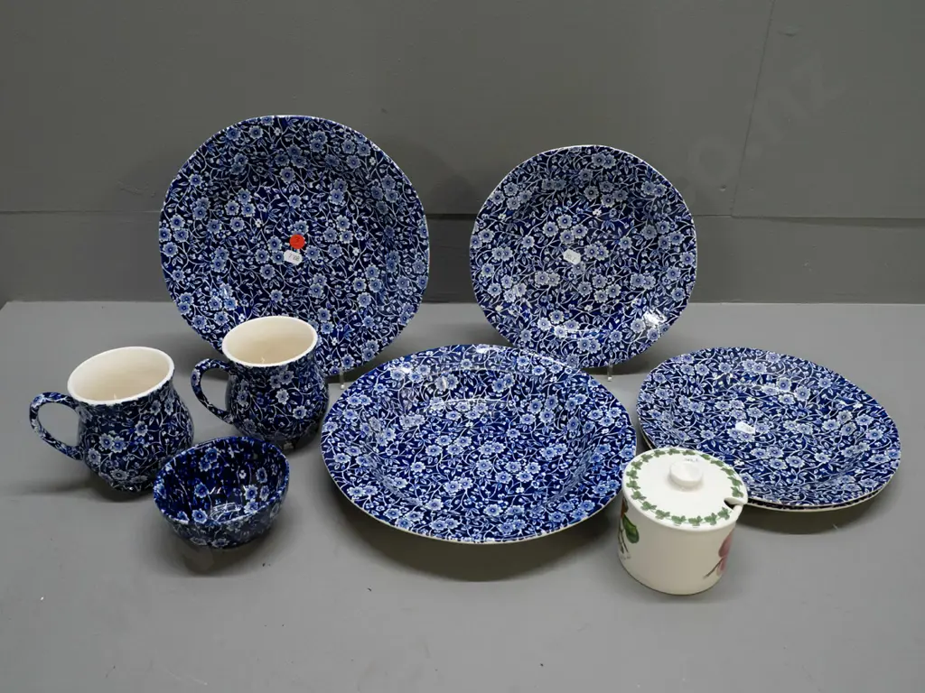 Burleigh Calico cobalt blue table ware - 4 plates, bowl, 2 mugs and a small sugar bowl, with a Portmeirion Pomona lidded Image 1++