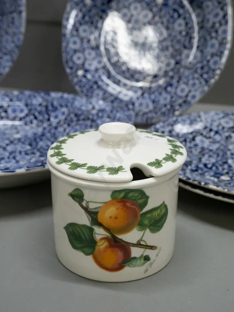 Burleigh Calico cobalt blue table ware - 4 plates, bowl, 2 mugs and a small sugar bowl, with a Portmeirion Pomona lidded Image 1++