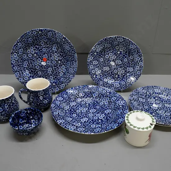 Burleigh Calico cobalt blue table ware - 4 plates, bowl, 2 mugs and a small sugar bowl, with a Portmeirion Pomona lidded