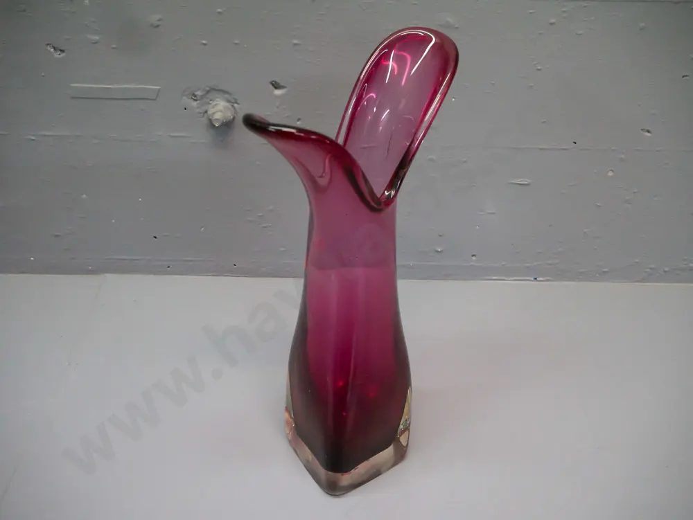 Vintage purple art glass vase featuring double spout rim and heavy clear glass base [small slight flaws to surface] Image 1++