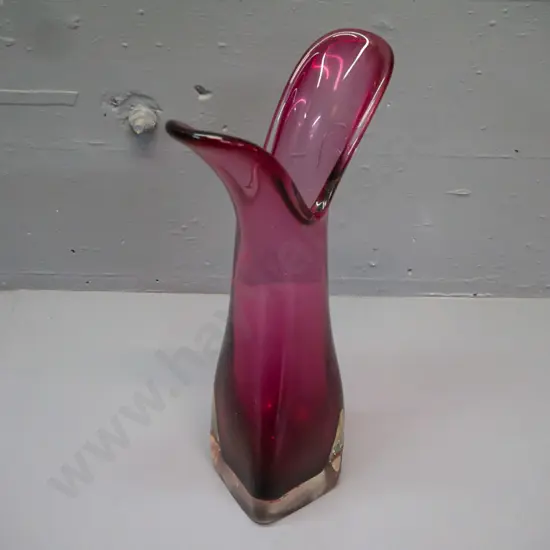 Vintage purple art glass vase featuring double spout rim and heavy clear glass base [small slight flaws to surface]