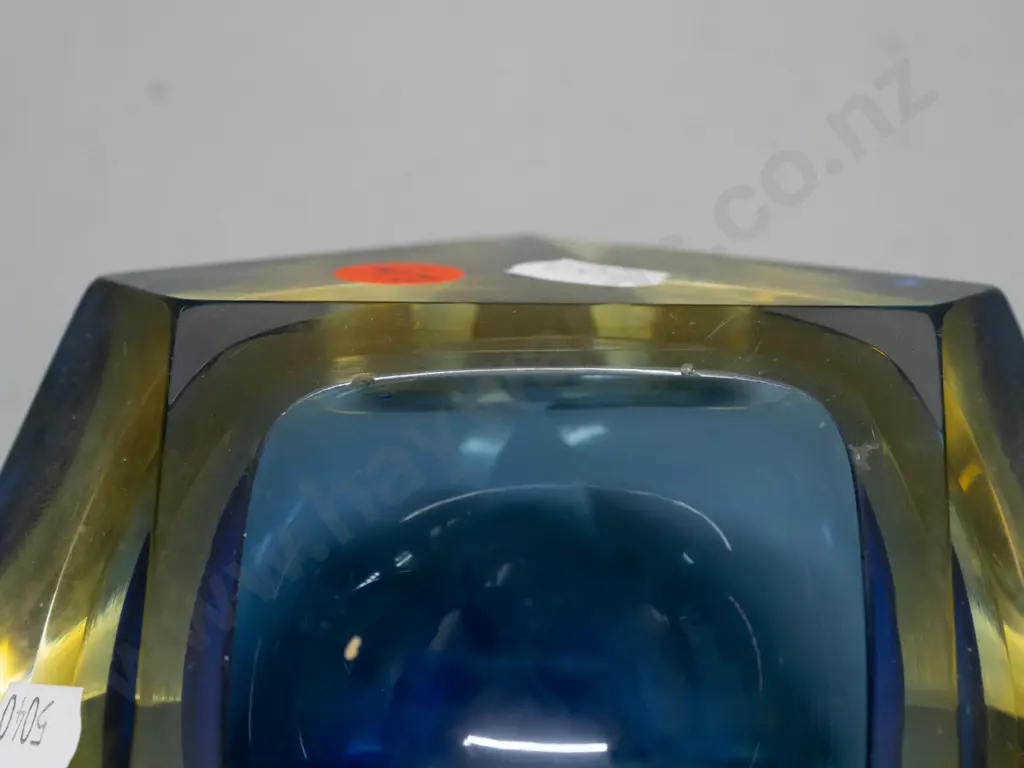 2 pieces of heavy art glass - globe shaped paper weight marked Del Matto 2000 and a geometric faceted yellow and blue Image 1++