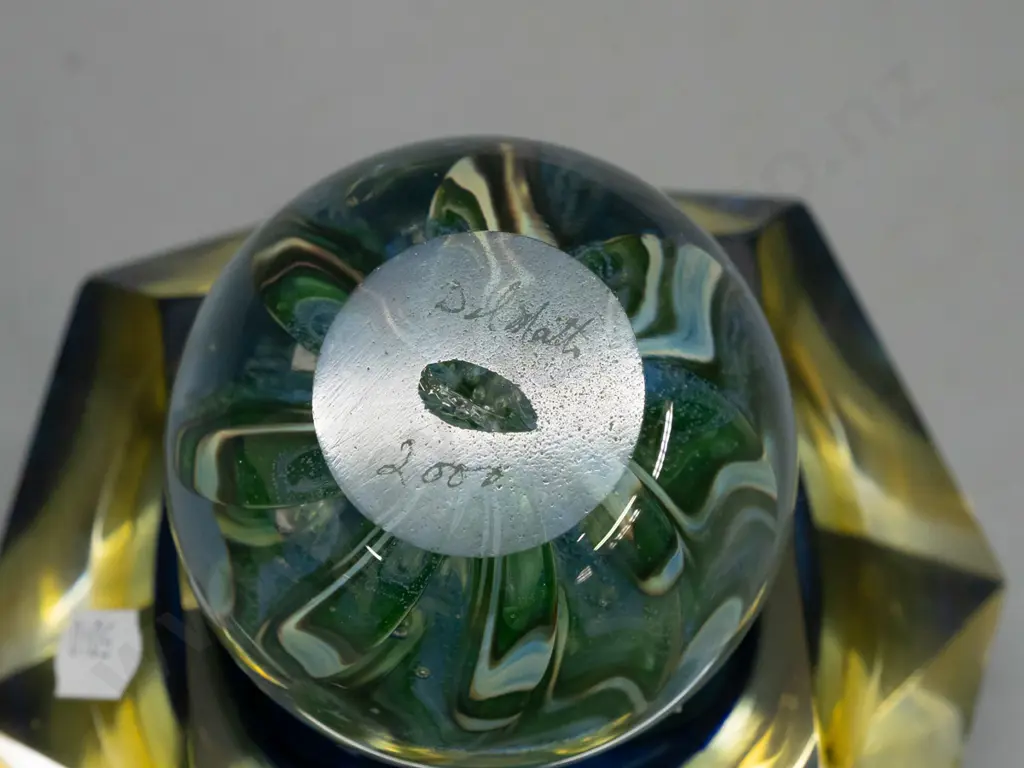 2 pieces of heavy art glass - globe shaped paper weight marked Del Matto 2000 and a geometric faceted yellow and blue Image 1++