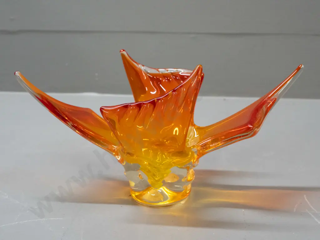 retro heavy clear over yellow and orange glass sculptural bowl / vase - abstract bird shape w/ slightly ribbed wings Image 1++