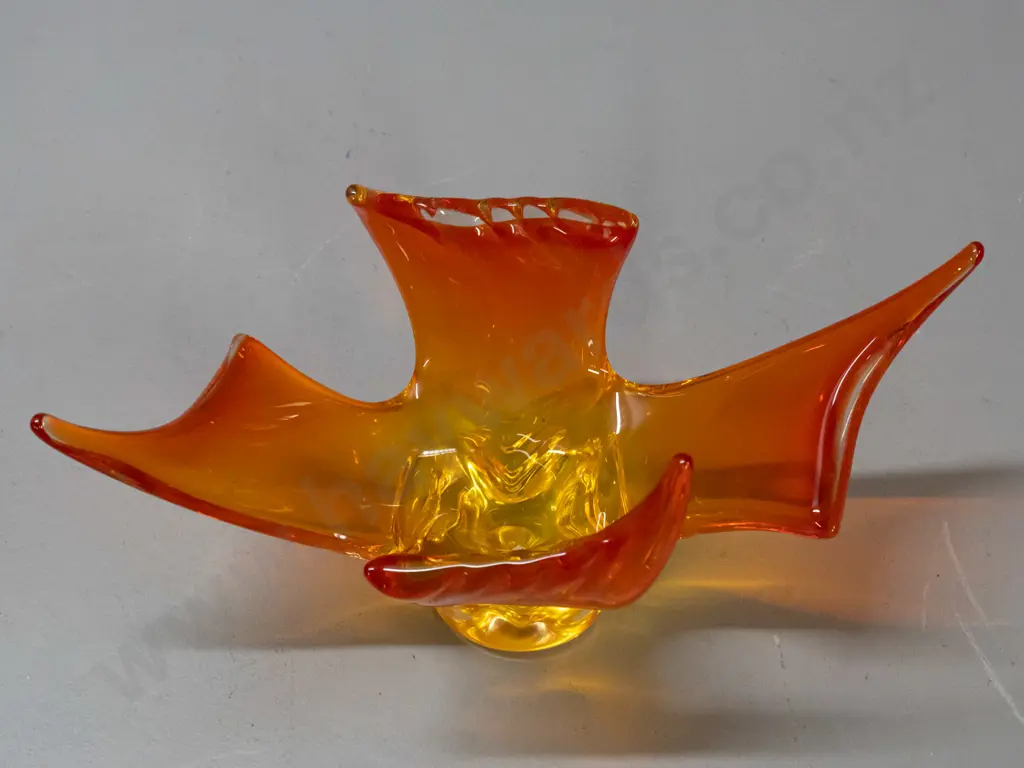 retro heavy clear over yellow and orange glass sculptural bowl / vase - abstract bird shape w/ slightly ribbed wings Image 1++