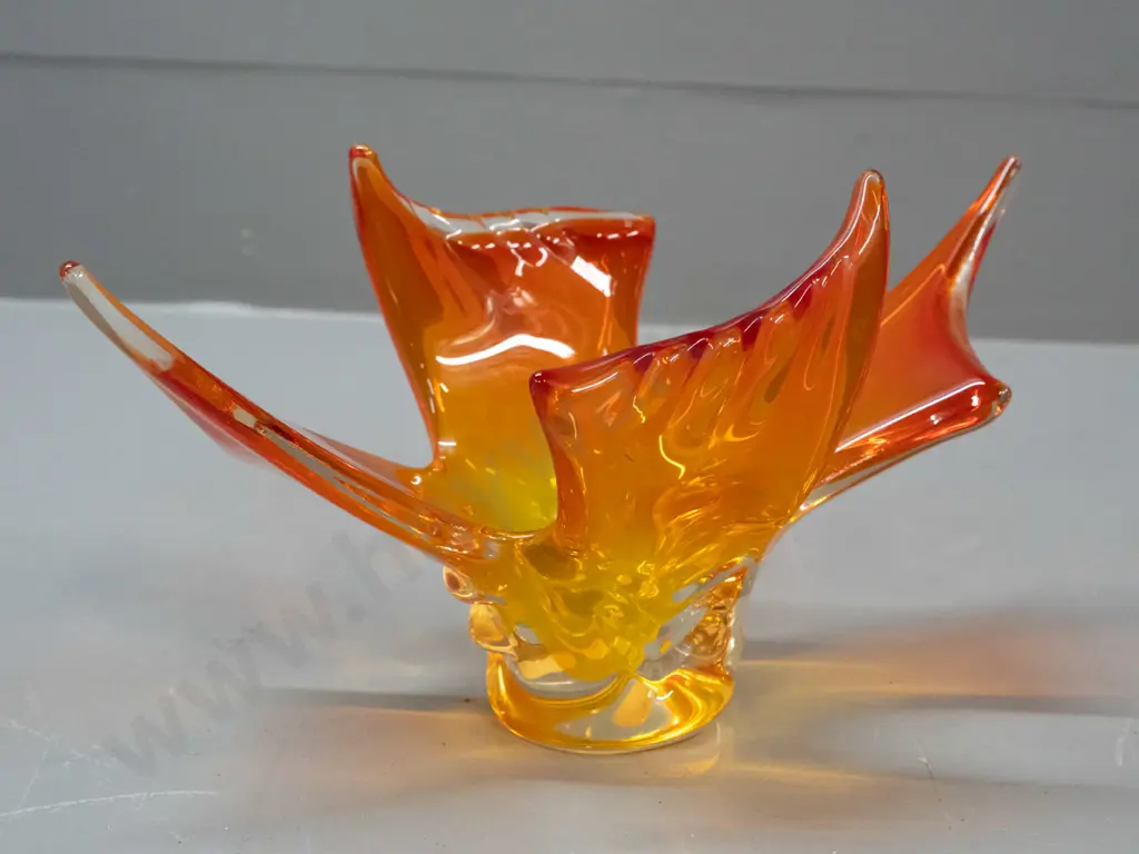 retro heavy clear over yellow and orange glass sculptural bowl / vase - abstract bird shape w/ slightly ribbed wings Image 1++