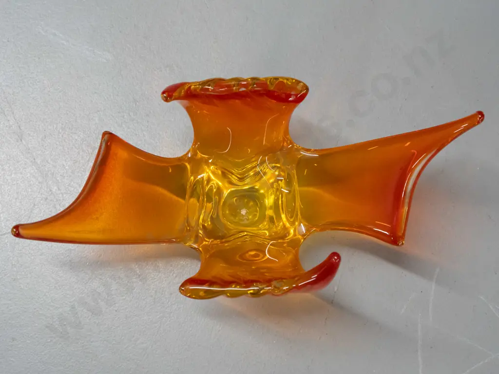 retro heavy clear over yellow and orange glass sculptural bowl / vase - abstract bird shape w/ slightly ribbed wings Image 1++