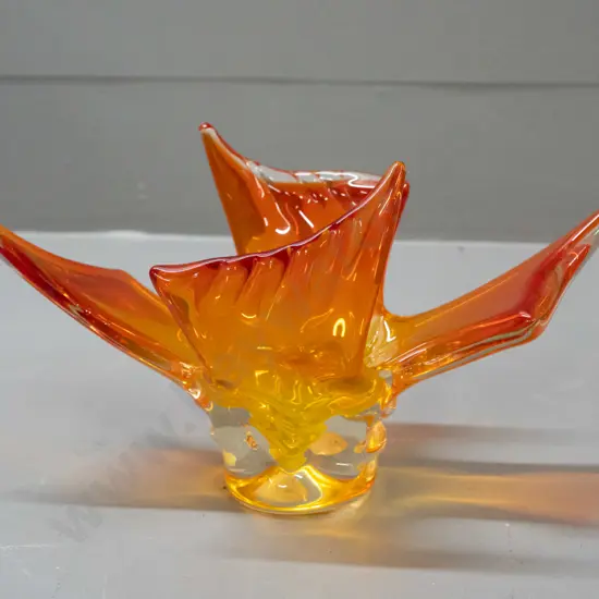 retro heavy clear over yellow and orange glass sculptural bowl / vase - abstract bird shape w/ slightly ribbed wings