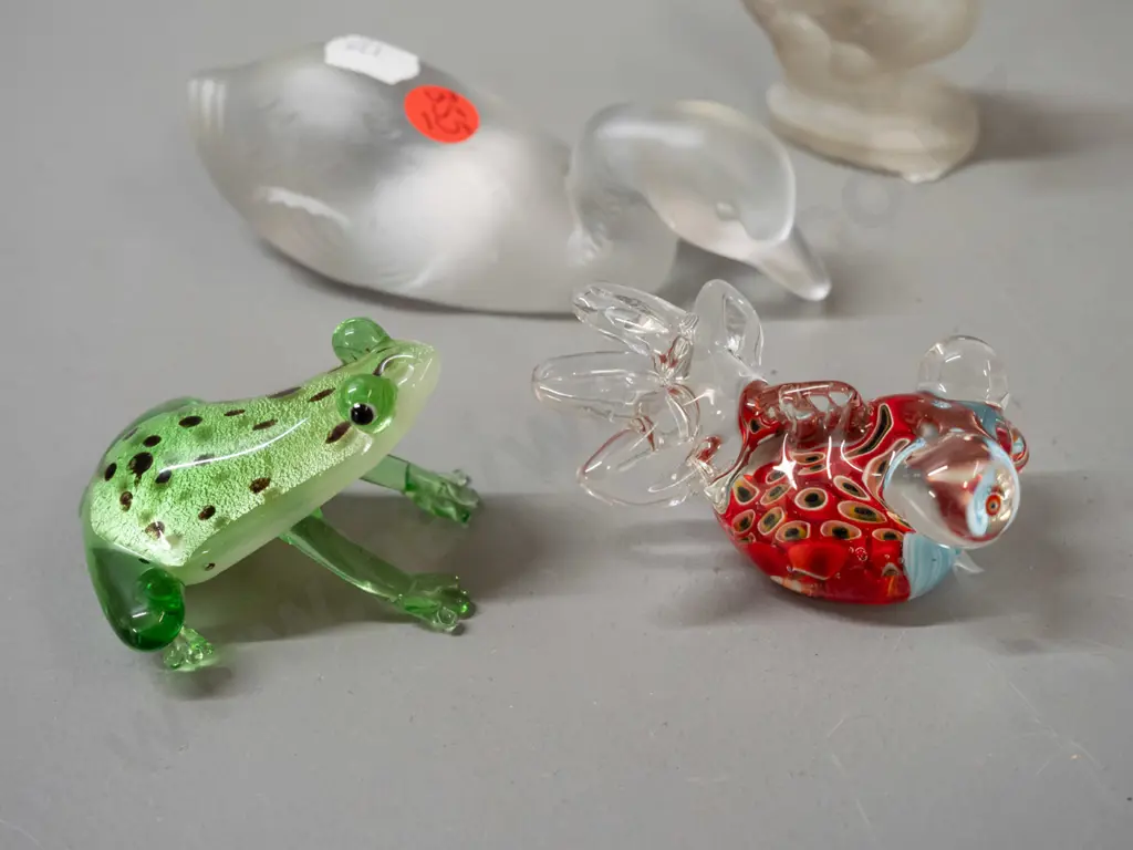 4 small glass animal figurines - fish, frog and 2 frosted clear ducks - larger duck marked Baccarat France H-40 L-130 Image 1++