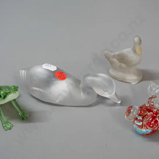4 small glass animal figurines - fish, frog and 2 frosted clear ducks - larger duck marked Baccarat France H-40 L-130