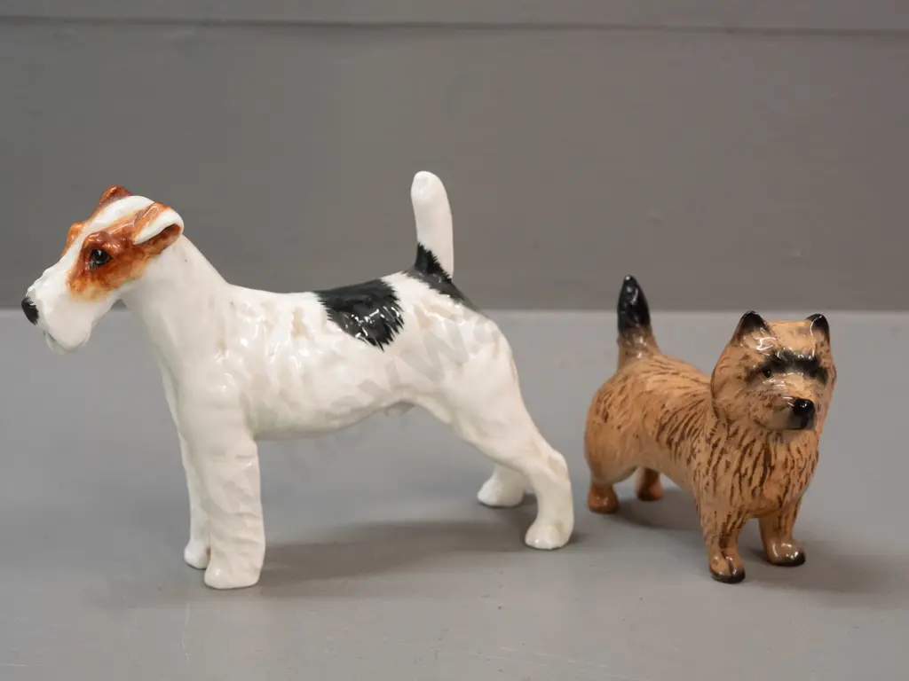 2 small dog figures - Beswick terrier and a larger Royal Doulton Airedale with a repaired back leg H-100 L-120 Image 1++