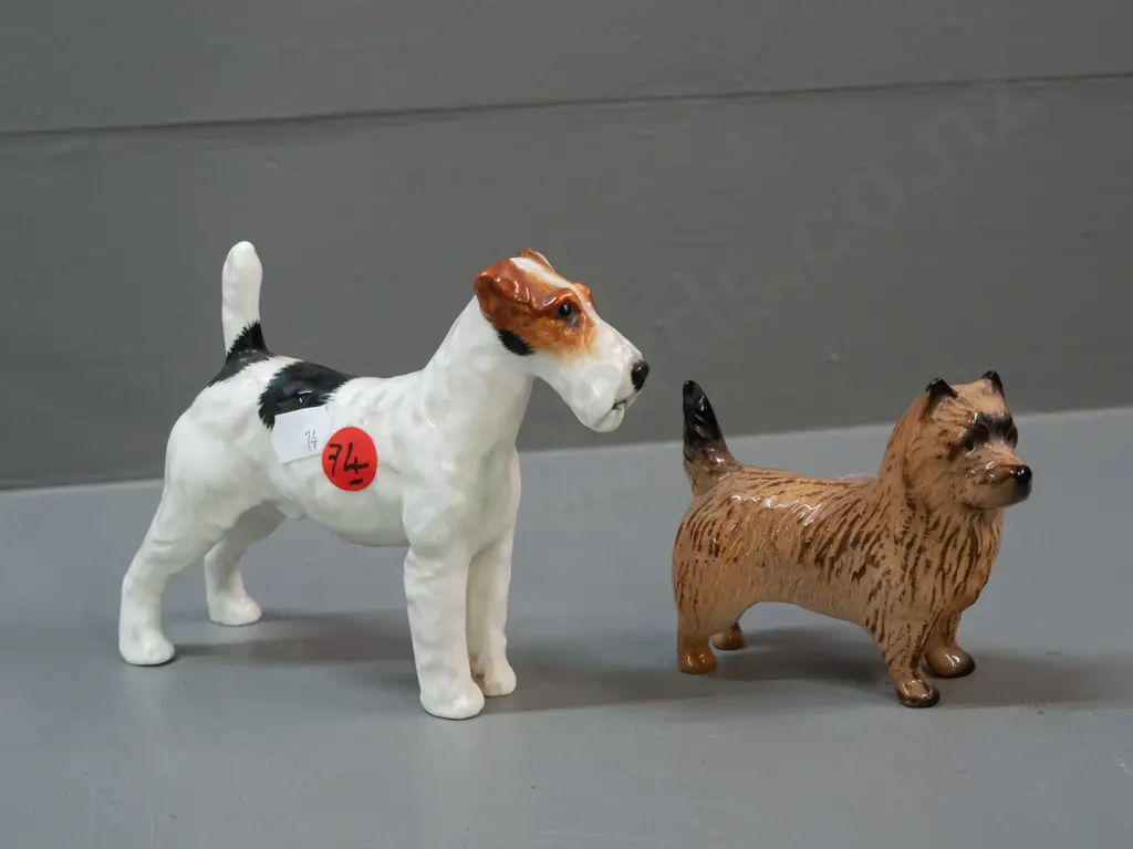 2 small dog figures - Beswick terrier and a larger Royal Doulton Airedale with a repaired back leg H-100 L-120 Image 1++