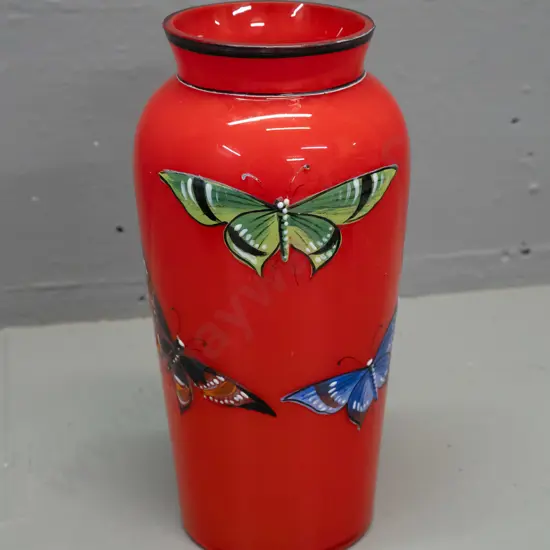 red glass vase with enamel butterfly decoration, no maker's marks (Japanese?) H-200