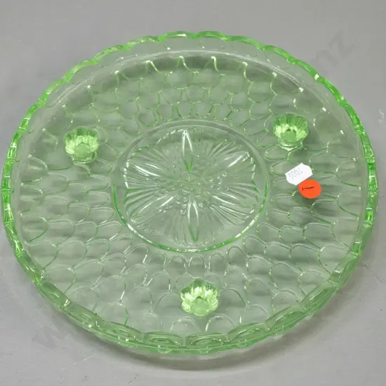 uranium glass 3-footed cake plate - some scratching and moulding runs H-35 D-235